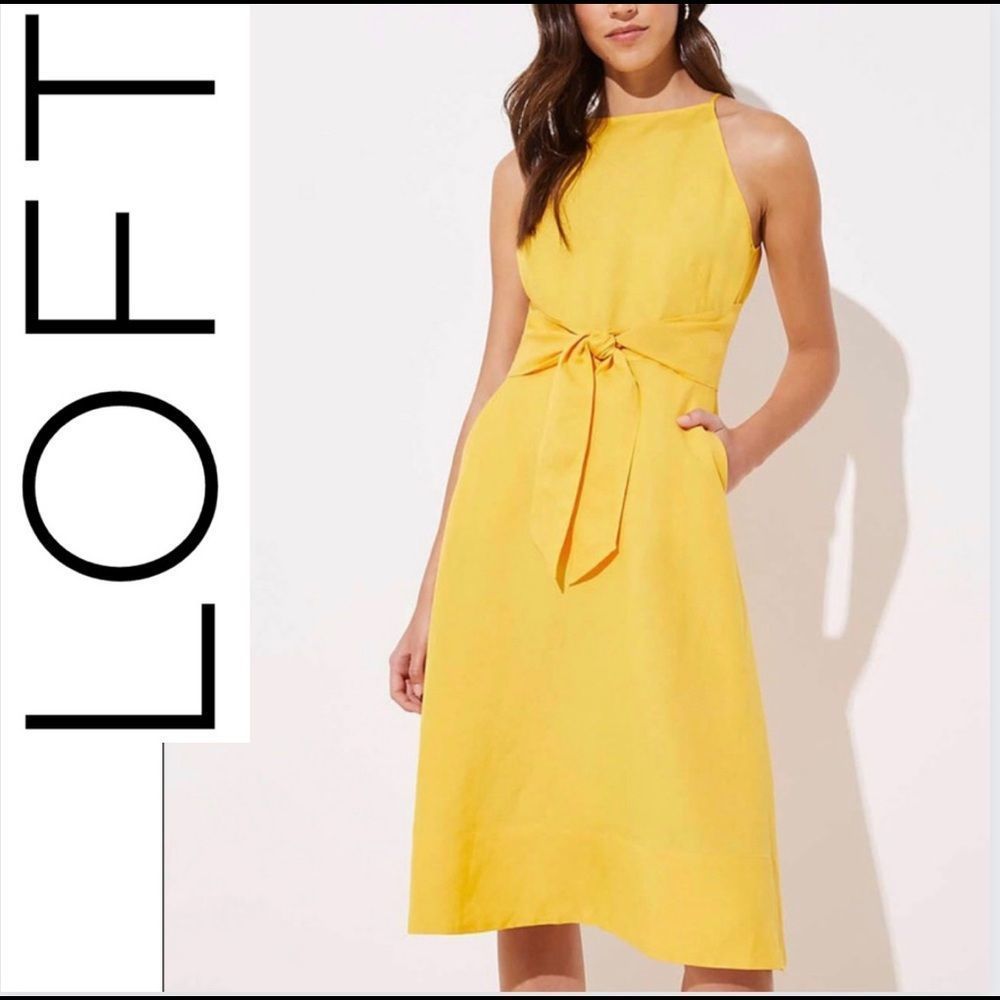 LOFT Size 6 Yellow Linen Blend Halter Dress MIDI Spring Summer